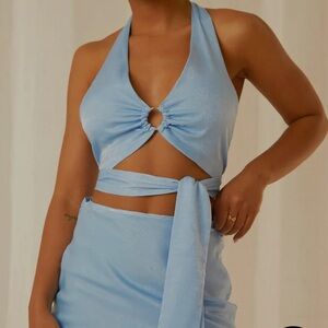 Peppermayo blue wrap halter top